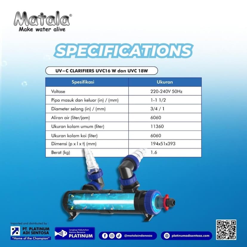 Matala UV-C Clarifiers UVC16 W & UVC 18W_Spesifikasi